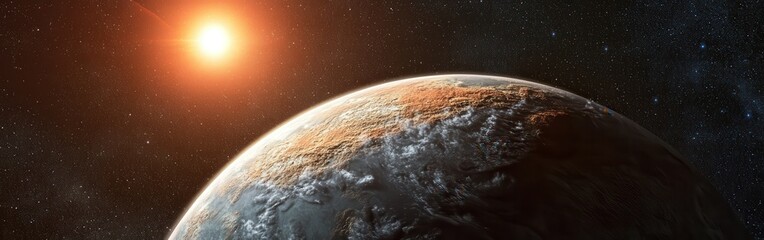 Poster - Detailed view of a vibrant water-covered exoplanet illuminated by a distant sun