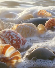 Poster - Close-up view of colorful seashells and smooth stones surrounded by gentle ocean waves on a sunny beach