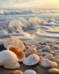 Poster - Close-up view of seashells and smooth stones on the shore at sunset with gentle waves