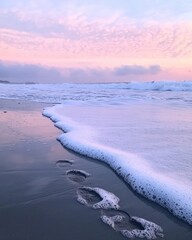 Poster - Close-up of footprints in wet sand along the shoreline at sunset