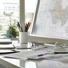 Poster - intelligence analyst desk with detailed maps and research materials in a modern workspace setting