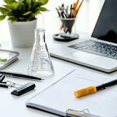 Fototapete - Environmental scientist's workspace featuring laboratory equipment, writing materials, and modern technology at a bright desk