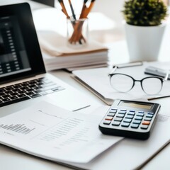 Poster - Close-up view of an economist's desk featuring research materials and analysis tools in a modern workspace