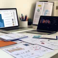 Aufkleber - Close-up view of a public health officer's desk filled with reports and data visualization tools in an office setting