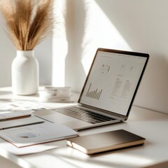 Aufkleber - Workspace of a policy analyst showcasing charts and reports in a well-lit environment