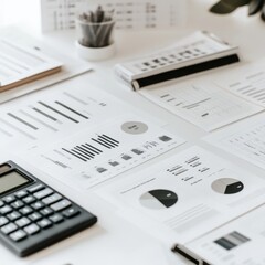 Poster - Close-up of a budget analyst's workstation filled with financial reports and analysis tools in a modern office environment