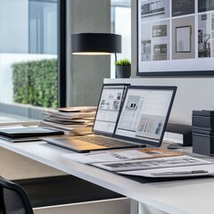 Poster - Detailed view of a modern sales associate workstation featuring dual monitors and organized materials