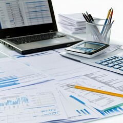 Poster - Close-up of a financial examiner's desk with documents, a laptop, and analytical tools during a busy workday