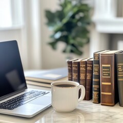 Poster - Close-up view of a counselor's desk with a laptop and books during a busy workday