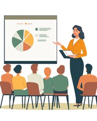 Poster - Financial examiner presents insights on market trends and data analysis to attentive audience in a corporate setting