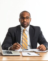 Poster - Financial examiner conducts analysis at desk in modern office setting during daylight hours