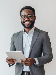 Poster - Civil engineer confidently presenting project details while holding a digital device in a modern office setting