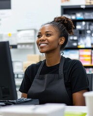 Aufkleber - Cashier at desk smiling while engaging with a customer during a video call in a retail store setting