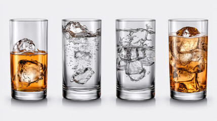 Four Glasses of Refreshment: Four glasses of water with ice, two with a splash of juice, stand in a row, a visual representation of the refreshing possibilities of hydration.  