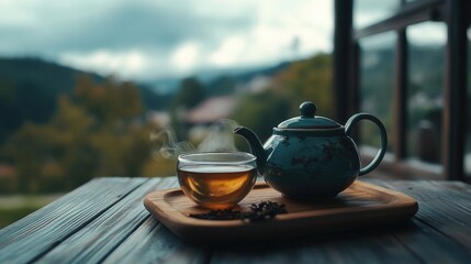 Wall Mural - Tea Pot and Cup on Wooden Tray