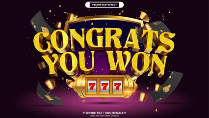 Poster - Congrats you won casino luxury gold style 3d editable vector text effect with black poker card and shiny gold coin