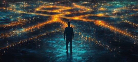 Poster - A conceptual image of a businessman looking at a glowing digital road map with multiple paths, representing business decisions, set against a futuristic backdrop
