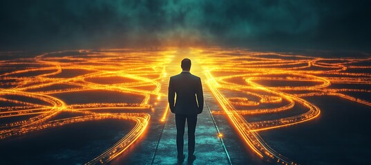Poster - A conceptual image of a businessman looking at a glowing digital road map with multiple paths, representing business decisions, set against a futuristic backdrop