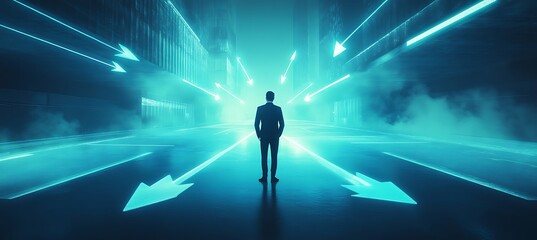 Poster - A conceptual image of a businessman standing at a digital crossroads with glowing arrows pointing in different directions, symbolizing business choices