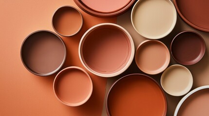 Poster - A stunning display of terracotta bowls and plates in various sizes and shades, harmoniously arranged on a soft, muted surface, showcasing artistry and texture