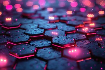 Poster - A close up of a computer chip with a blue background and pink lights