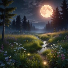 peaceful meadow aglow with fireflies and wildflowers under a full moon, soft light, , peaceful meado