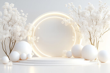 Poster - Soft white spheres and delicate blossoms frame a luminous circular feature, creating a tranquil and stylish setting