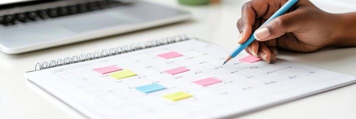 Poster - A hand writes on a colorful sticky note calendar, symbolizing effective organization and planning, as a sleek laptop sits in the background, highlighting a productive and organized workspace