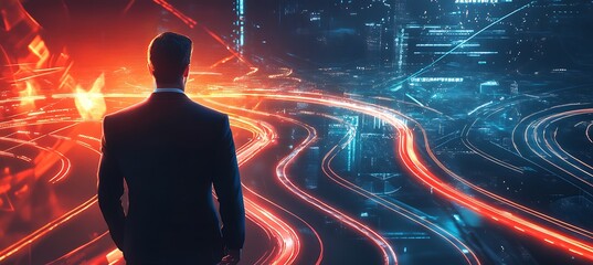 Poster - A conceptual image of a businessman looking at a glowing digital road map with multiple paths