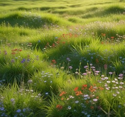 Wall Mural - Lush green grass and wildflowers in a sunny field, outdoor scene, natural beauty, colorful flowers