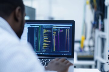 Poster - A scientist works on his laptop in a laboratory setting