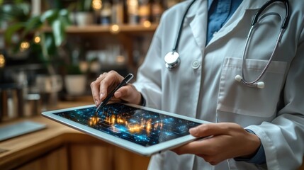 Poster - A person in a lab coat is holding a tablet computer, ideal for use in educational or medical settings