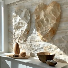 Poster - Two large, heart-shaped pieces of textured artwork adorn a light-colored wall. A stylish wooden vase with branches and bowls create a serene atmosphere in a bright, contemporary space.