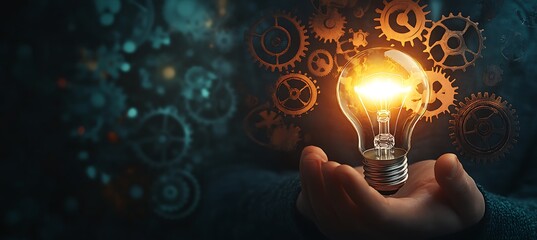Poster - A conceptual image of a businessman holding a glowing lightbulb surrounded by gears, representing innovation and ideas in business