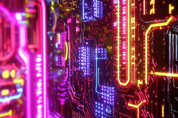 Poster - A close-up shot of a circuit board with glowing neon lights, ideal for use in tech-related projects or as a design element