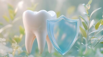Poster - A large tooth stands prominently beside a translucent shield, symbolizing the protective benefits of AI in dentistry. This visual representation underscores advancements in oral health care methods.