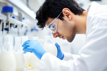 Poster - a chemist inspects a glass container filled with liquid, wearing protective gear