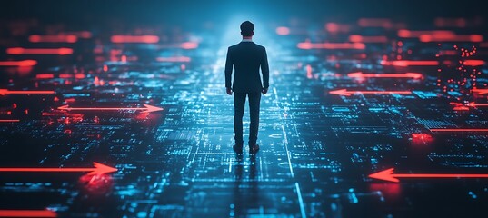 Poster - a conceptual image of a businessman standing on a digital pathway with arrows pointing in different 