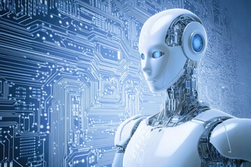 Poster - A robot stands next to a circuit board with electronic components