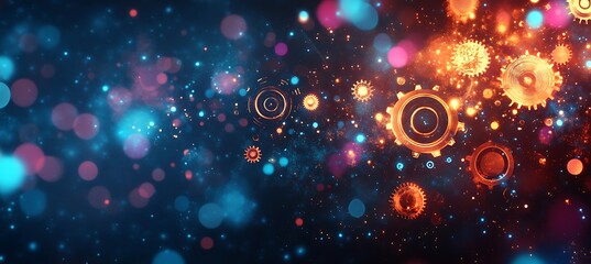 Poster -  A creative depiction of a business ecosystem represented by glowing gears and cogs, set against a digital background, symbolizing the interconnectedness of business processes