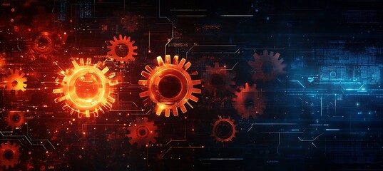 Poster -  A creative depiction of a business ecosystem represented by glowing gears and cogs, set against a digital background, symbolizing the interconnectedness of business processes