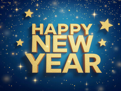 Happy New Year 2025 text design with golden star and   blue background