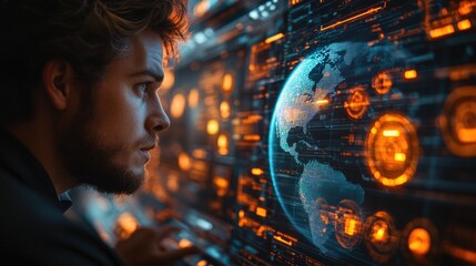 Poster - A person examines a digital world map on a computer screen, potentially planning travel or exploring global destinations