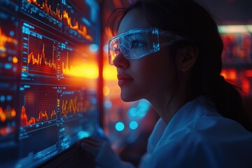 Poster - a scientist studying information on a computer monitor, lab coat and goggles worn for protection