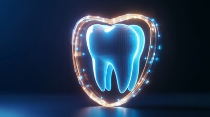 Poster - The visual showcases a futuristic depiction of a tooth outlined by a glowing heart shape, symbolizing advanced AI technology in dentistry for enhanced protection and care.