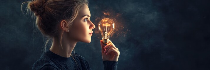 Aufkleber - A young woman gently and thoughtfully holds a glowing light bulb in her hands, representing the powerful symbols of inspiration and creativity, particularly in planning and selfimprovement efforts