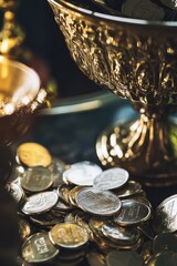 Poster - A bowl filled with coins sitting on top of a table, perfect for financial or commerce themed images