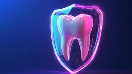 Poster - A vibrant illustration showcases a luminous tooth encapsulated within a shield, symbolizing dental protection and advanced technology.