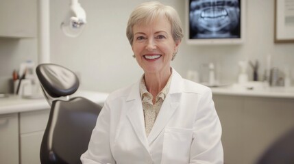 Poster - A dentist with short gray hair and a warm smile sits in a contemporary dental office.