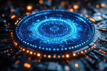 Poster - A close-up shot of a blue circular object with lights surrounding it